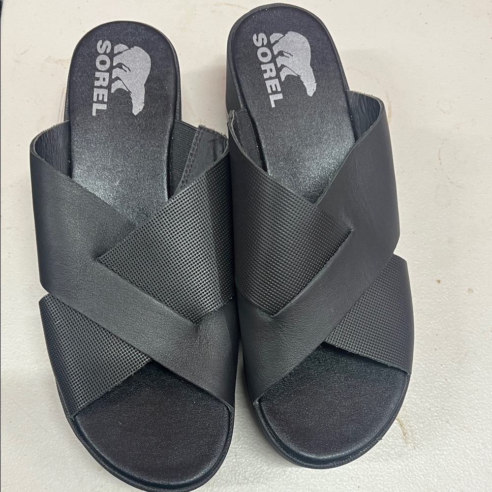 SOREL CAMERON FLATFORM BLACK SANDALS SIZE 8.5‎